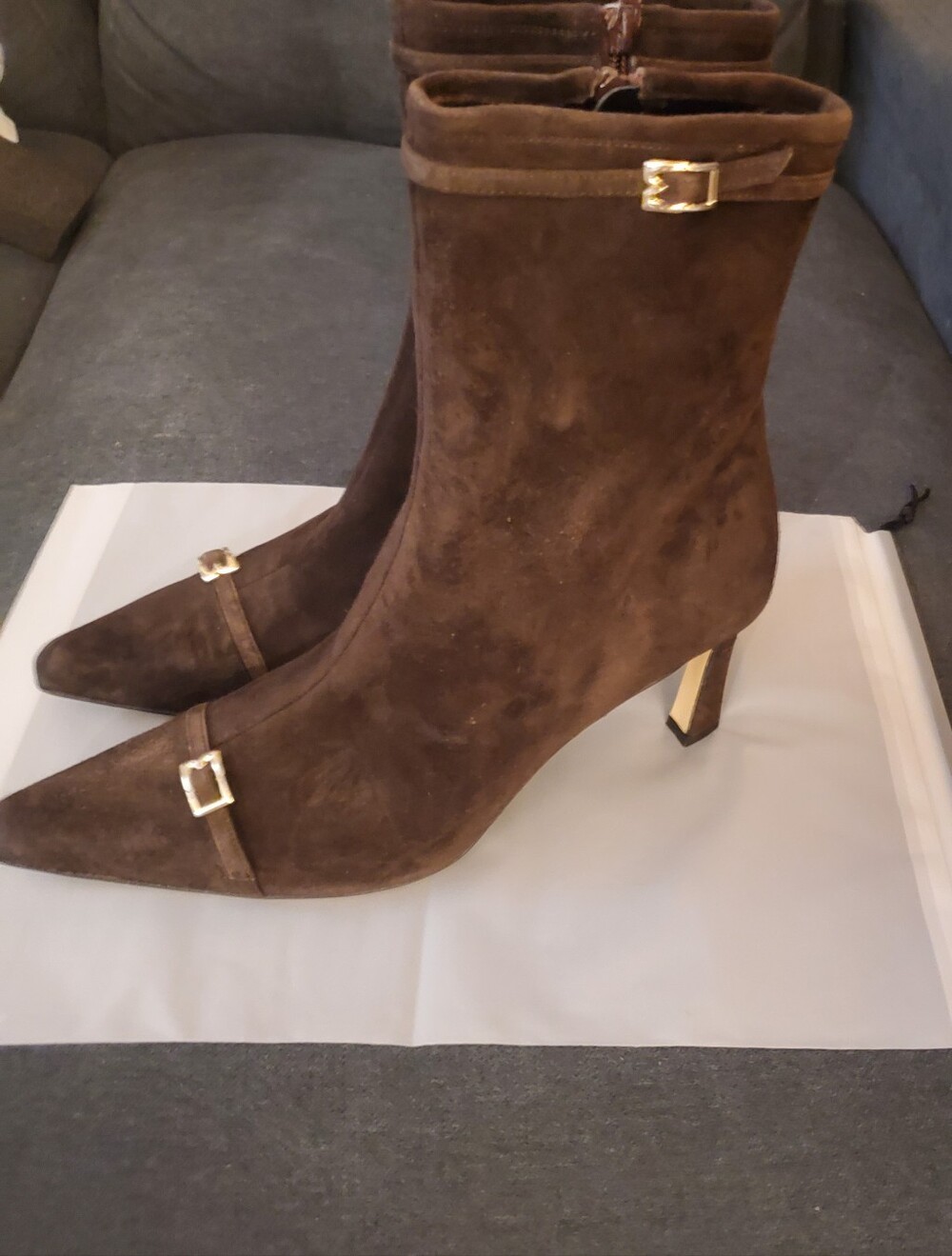 Bruno Magli Dark Brown Addison Suede Ankle Boots with Gold Buckle Detail